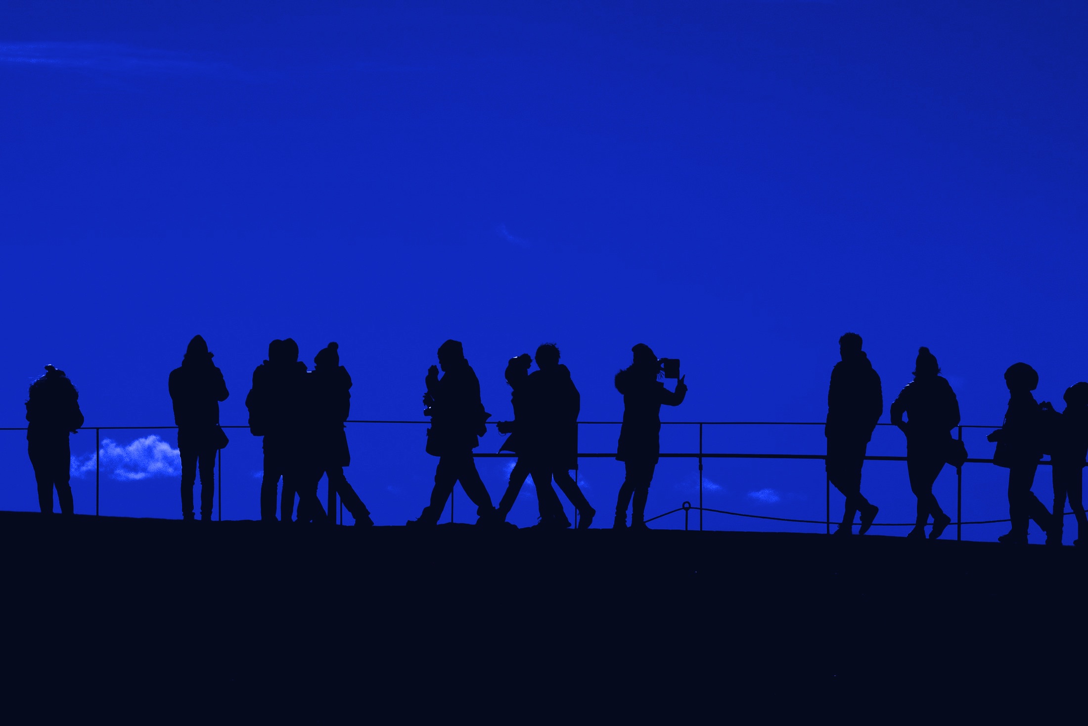 A line of people in silhouette against a deep blue sky